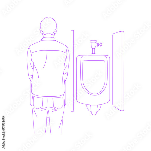 Line art illustration of man at urinal