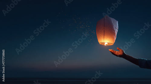 Sky lantern release night ocean warm glow hand hope calm ai reflection digital detox eases burnout and invites peace under deep blue twilight