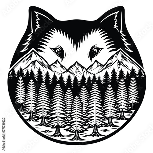 Double Exposure Wolf Head Emblem with Mountain Forest for T-Shirt Design