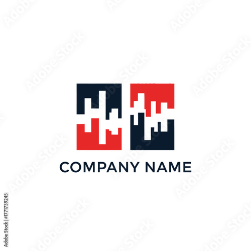 Abstract Logo Design with Intersecting Lines in Red and Black Squares.