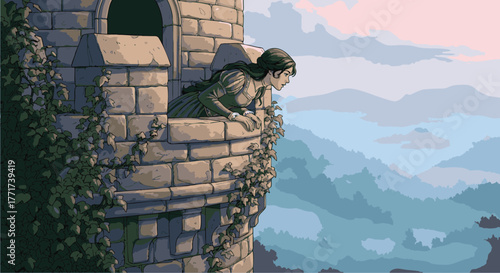 Woman in Tower Observing a Scenic Landscape and the Verdant Hills in the Distance