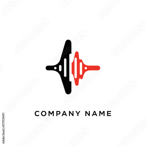 Abstract sound wave logo design with black and red elements.