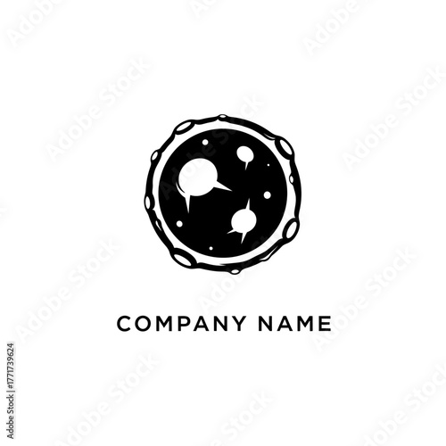 Black and white logo design of a planet with craters and stars.