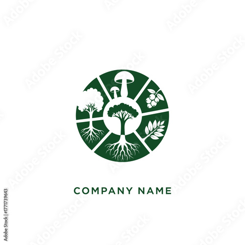Circular logo design featuring diverse plant life and fungi.