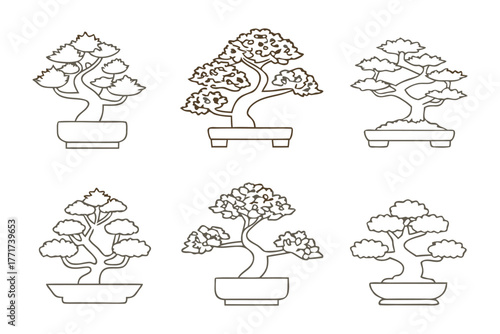 Bonsai Trees: A delicate illustration captures the serene beauty of six meticulously sculpted bonsai trees. Showcasing the patience and artistry