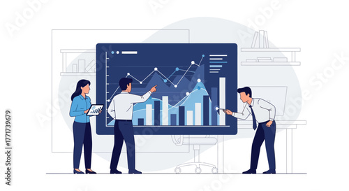 Business Team Analyzing Data Presentation on a Large Display for Strategic Decision