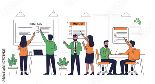 Business Teamwork Displaying Progress and Task Management With Modern Illustration Style