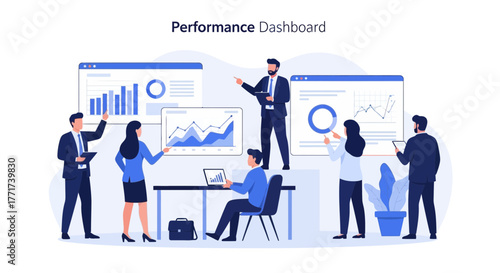 Business Team Analyzing Data Visualization Reports for Performance Evaluation and Planning