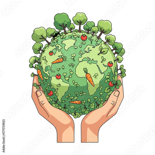 World Vegan Day: Cartoon Vector of Hands Holding Green Earth Globe, Sustainable Planet, Plant-Based Living, Eco-Friendly