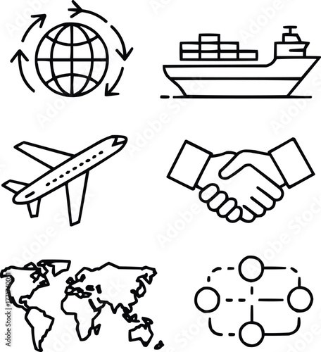 Global Business and International Trade Line Icons Set Worldwide Commerce and Logistics Symbols