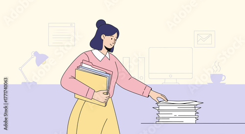 Businesswoman Organizes, Stacks Documents and Folders in Office Setting Illustration