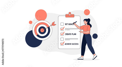 Businesswoman Planning Goals Achieved With Arrow Hitting Target And Checklist