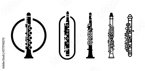 5 Clarinet Logo Set Professional Woodwind Instrument Design Collection