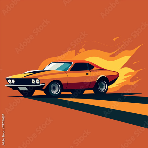 Retro muscle car racing with fiery background, bold colors and dynamic shadows, vintage illustration style.