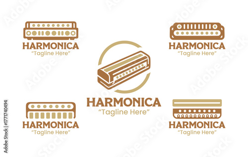 5 Harmonica Logo Set Professional Wind Instrument Design Collection