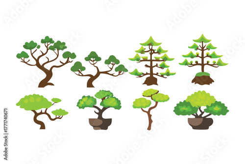 Artistic Bonsai Collection: An illustrative ensemble of artfully crafted bonsai trees, each showcasing unique shapes and verdant foliage in elegant pots.