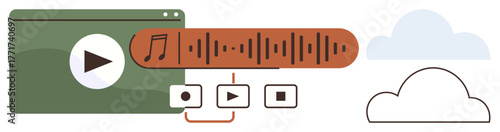 Browser window with audio controls, soundwave graphic, and cloud icons. Ideal for media streaming, cloud storage, online music, podcast creation, user interface, digital audio tools simple flat