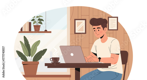 Young Man Works on Laptop While Drinking Coffee with Plants Indoors