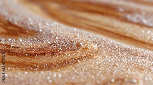 Close-up view of water droplets on a smooth wooden surface with a warm, natural texture