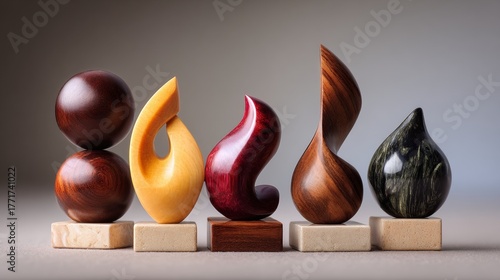 Artistic Display of Unique Wooden Sculptures Showcasing Various Shapes and Textures on Neutral Background