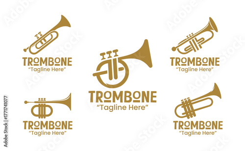 5 Trombone Logo Set Brass Wind Instrument Branding Collection