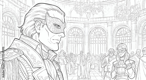 A masked man stands in a grand hall surrounded by people