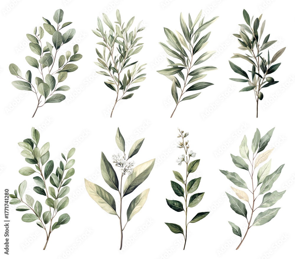 Fototapeta premium PNG Elegant botanical leaf illustrations, element set on transparent background