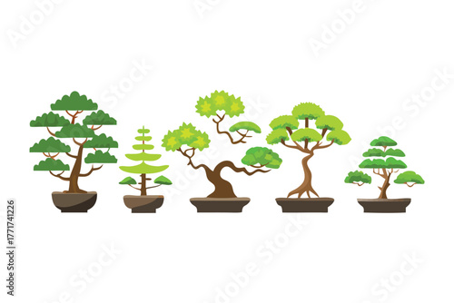 Bonsai Collection: An array of meticulously crafted bonsai trees, each showcasing unique forms, thriving in their individual planters, evoking tranquility and artistry.