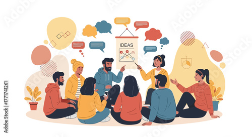 Group Of People Brainstorming Ideas And Strategies During A Team Meeting Or Workshop
