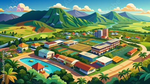 Very beautiful aerial view of Lāna‘i City, Hawaii, showing its charming small-town layout surrounded by lush greenery and tropical hills, the island’s peaceful commercial center in sunny Maui County.