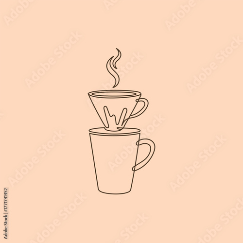 Simple line drawing of a coffee pour over with steam on a peach colored background illustration