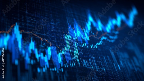 Abstract Digital Financial Graph with Blue and Orange Elements Depicting Market Trends and Volatility in Technology Background