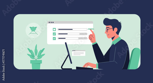 Online Tasks Management: User Interacting With Progress Bar and Computer Interface