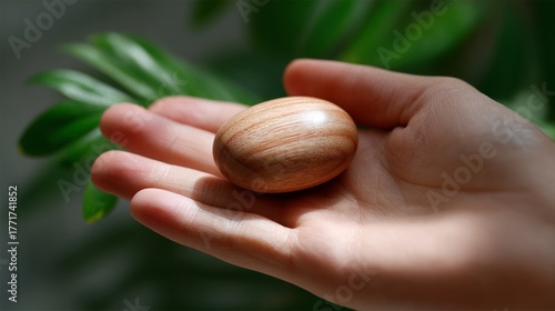 Close-up of a hand gently holding a smooth wooden stone with green leaves in the background