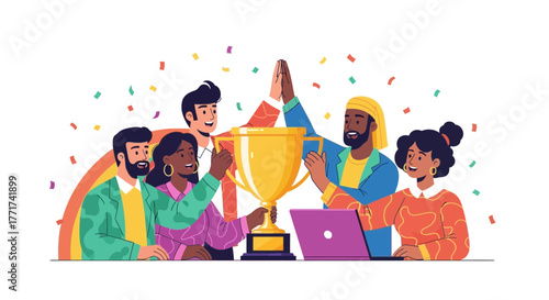 Team Celebrates Success and Achievement with Trophy and Festive Confetti Displays