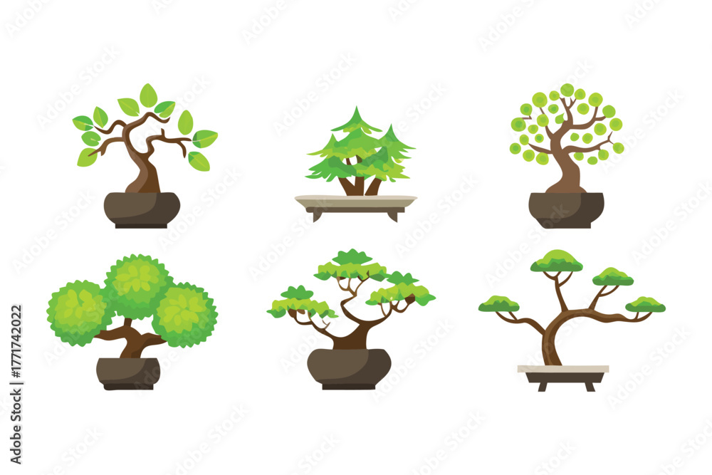 Fototapeta premium Bonsai Collection: A collection of various bonsai trees showcasing the artistry of cultivating miniature trees in pots, each reflecting the meticulous care and unique aesthetic of this ancient art.