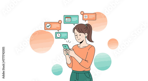 Woman Using Smartphone with Pop-up Notifications Indicating Time, Date, Checkmark