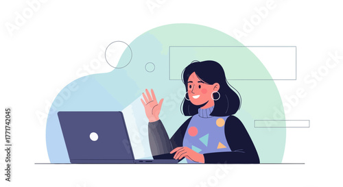 Woman Waving Goodbyes On A Laptop Display During A Video Conference Online Session