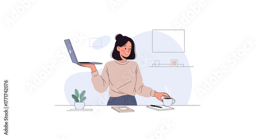 Woman Working From Home Smiling With A Laptop And A Cup Of Coffee At Her Desk