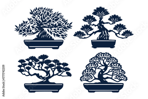 Tranquil Bonsai Ensemble: A collection of exquisite bonsai trees, each a miniature masterpiece meticulously cultivated within elegant ceramic pots, showcasing the art of nature.