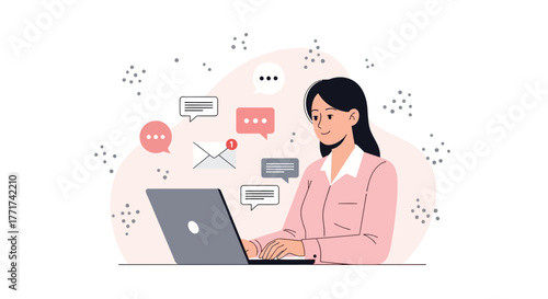 Woman Working on a Laptop Interacting With Digital Messages and Notifications