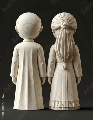 White Statue of Japanese couple from back made of wood, woman standing next to a man in traditional clothes, isolated on black background