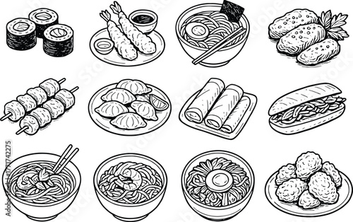 Hand drawn Asian food doodle set featuring sushi, ramen, dumplings, tempura, noodles, and traditional Japanese dishes
