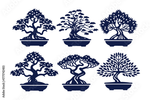 Bonsai Collection: An elegant arrangement of meticulously crafted bonsai trees, each showcasing unique artistic pruning and evoking a sense of tranquility and Zen artistry. 