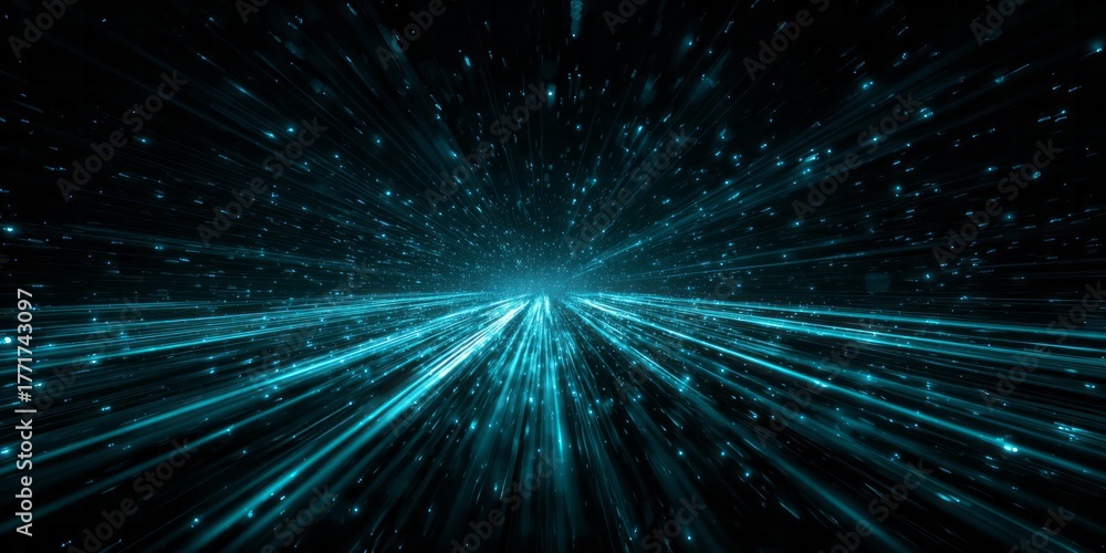 Naklejka premium Intense streams of bright cyan light shoot forward through a dark void creating a sense of rapid motion