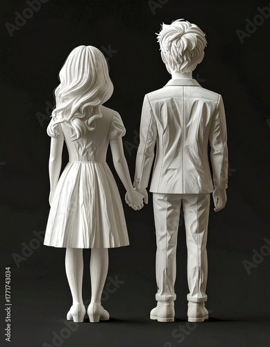 White Figurine of Young Couple from Back, woman and man holding hands, isolated on black background, love, engagement and marriage concepts