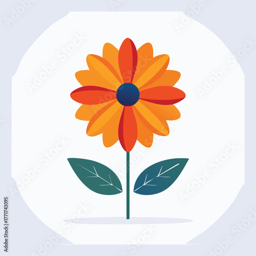 Simple flat vector illustration of a blooming orange daisy-like flower with green leaves, symbolizing growth and nature's beauty