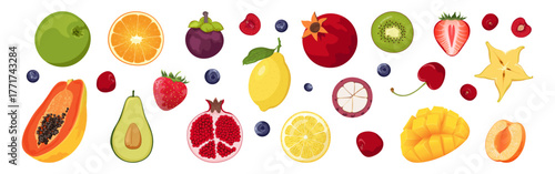 Hand drawn colorful fruits and berries. Tropical and garden fruits. Fruits collection. 