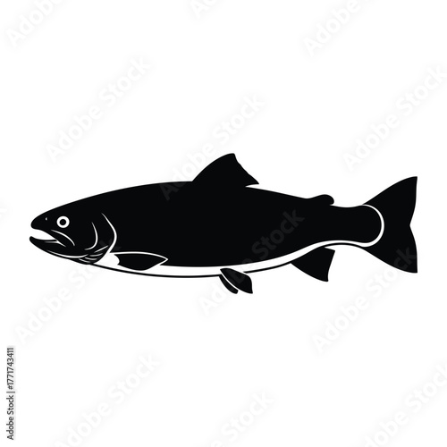 A black silhouette of a salmon fish swimming