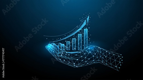 Dynamic digital hand cradles ascending bar graph and growth arrow, symbolizing financial success and innovation in technology